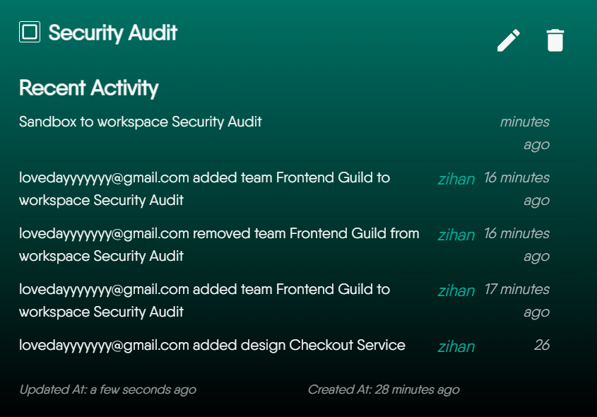 Workspace audit log showing recent activity